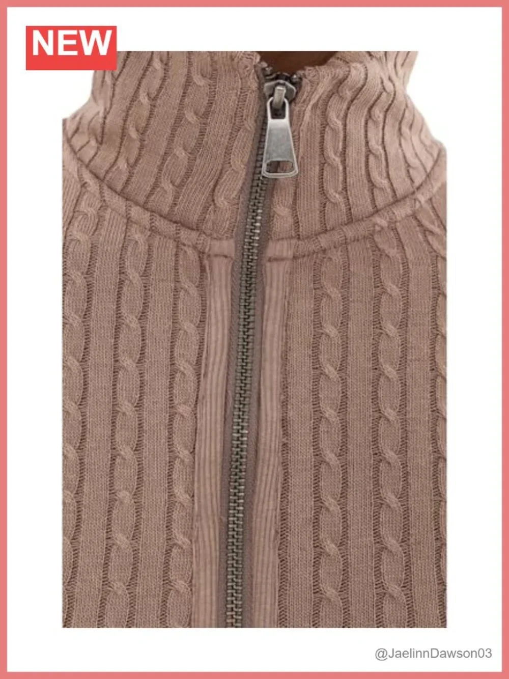 Light Cable Knit Zip-Up Sweater with Two-Way Zipper and Stand Collar